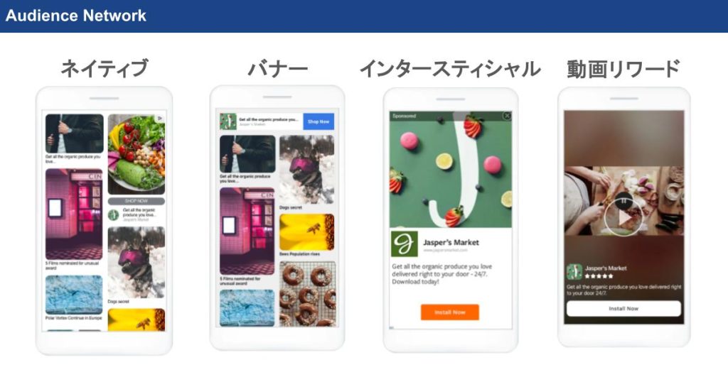 Audience Networkでは主に下記に表示されます。
・ネイティブ
・バナー
・インタースティシャル
・動画リワード
