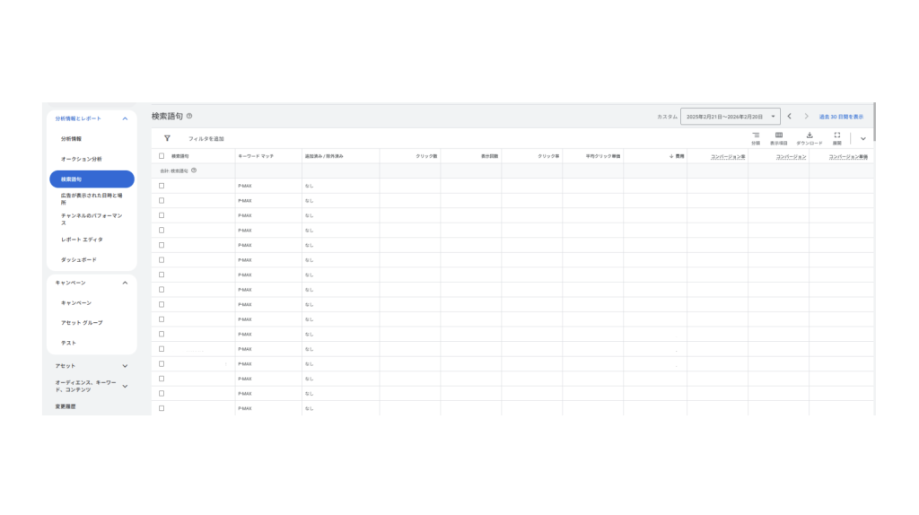 ＜確認方法＞
1.「キャンペーン」を選択
2.「分析情報とレポート」 プルダウンをクリック
3.「検索語句」をクリック